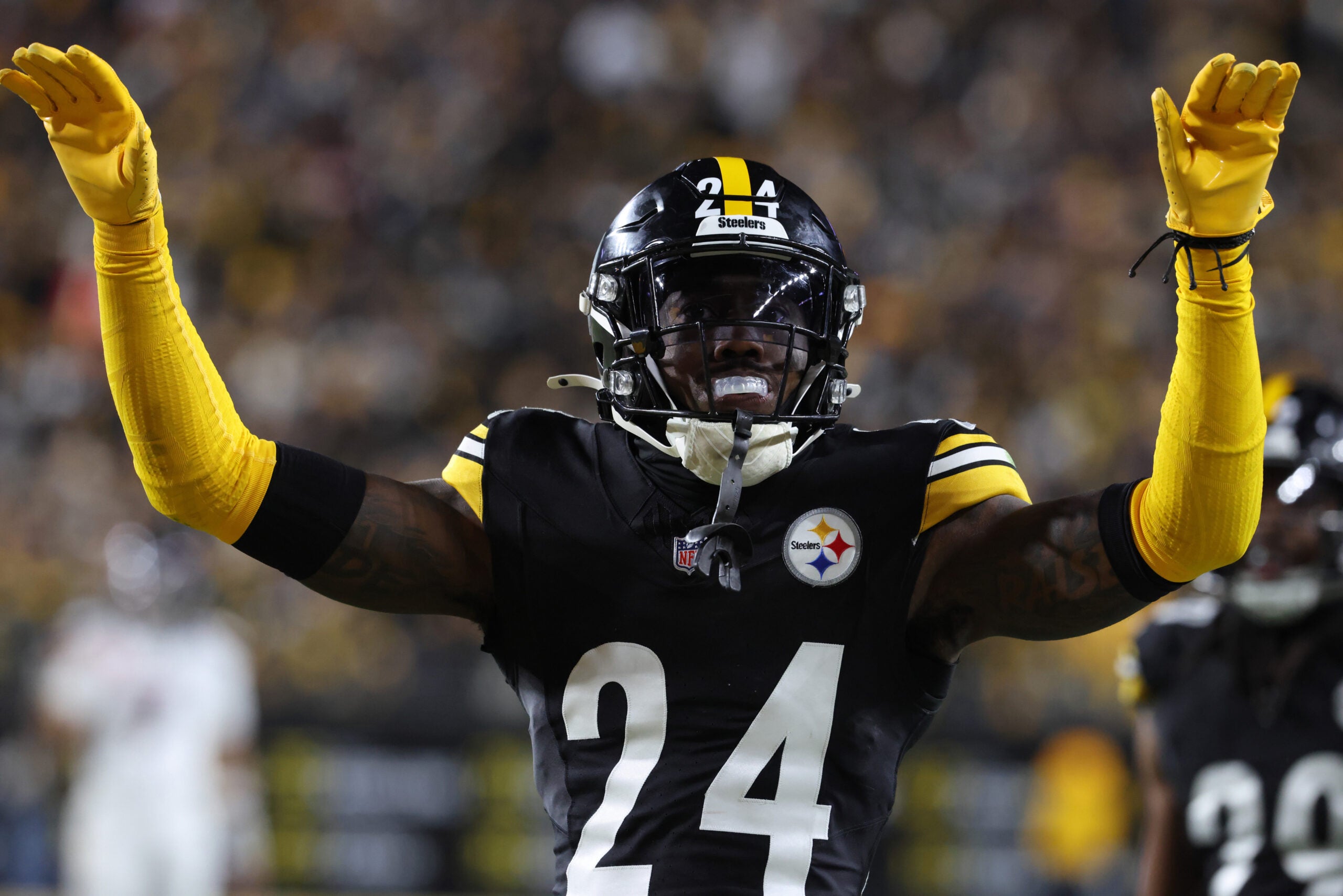 Jan 12, 2026; Pittsburgh, PA, USA; Pittsburgh Steelers cornerback Joey Porter Jr. (24) reacts after a play during the second half of an AFC Wild Card Round game against the Houston Texans at Acrisure Stadium.
