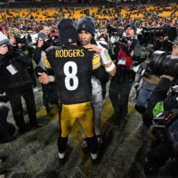 Jan 12, 2026; Pittsburgh, PA, USA; Houston Texans quarterback C.J. Stroud (7) greets Pittsburgh Steelers quarterback Aaron Rodgers following their AFC Wild Card Round game at Acrisure Stadium.
