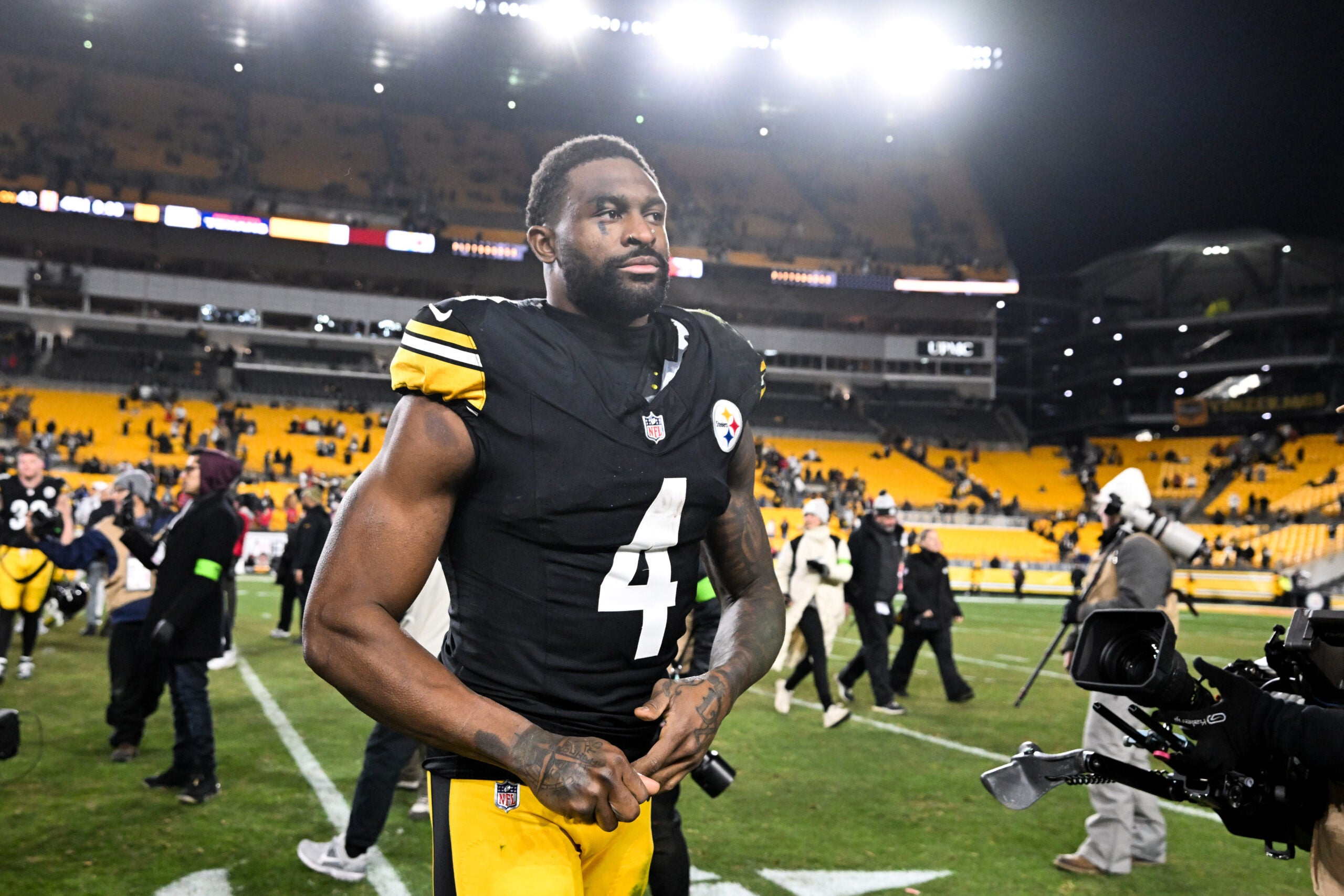 Jan 12, 2026; Pittsburgh, PA, USA; Pittsburgh Steelers wide receiver Dk Metcalf (4) leaves the field following an AFC Wild Card Round loss to the Houston Texans at Acrisure Stadium.