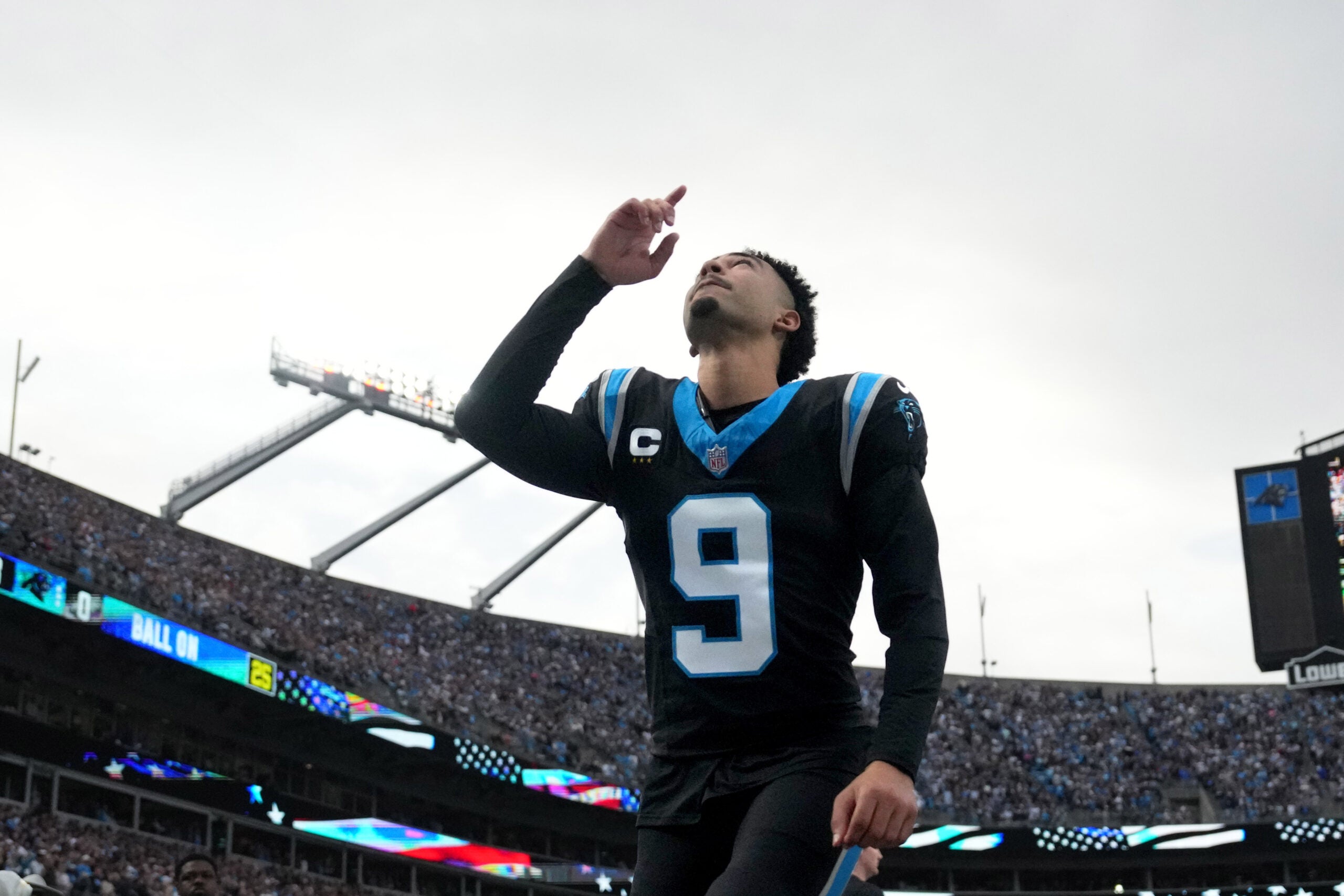 Jan 10, 2026; Charlotte, NC, USA; Carolina Panthers quarterback Bryce Young (9) reflects before an NFC Wild Card Round game at Bank of America Stadium.