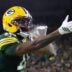Green Bay Packers cornerback Bo Melton (16) celebrates a touchdown during a football game against the Chicago Bears on Dec. 7, 2025, at Lambeau Field in Green Bay, Wis. The Packers defeated the Bears 28-21.