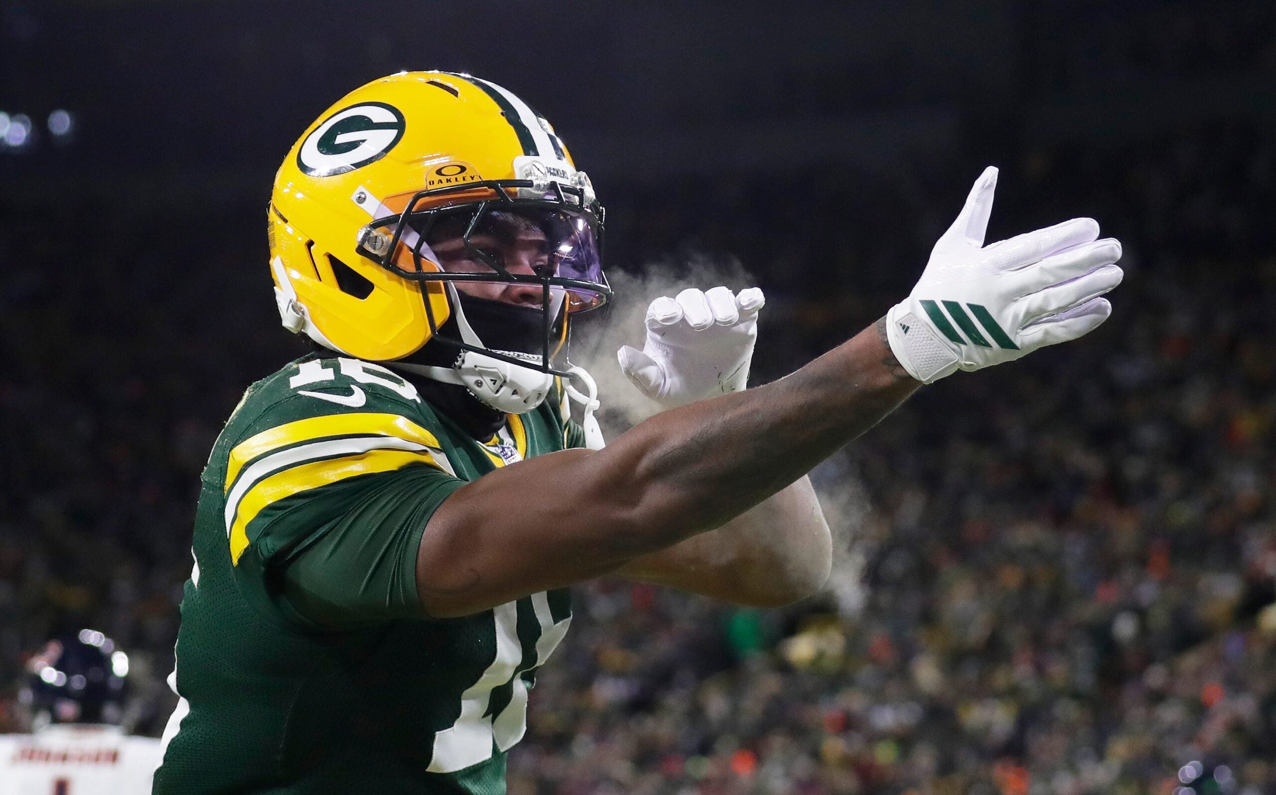 Green Bay Packers cornerback Bo Melton (16) celebrates a touchdown during a football game against the Chicago Bears on Dec. 7, 2025, at Lambeau Field in Green Bay, Wis. The Packers defeated the Bears 28-21.