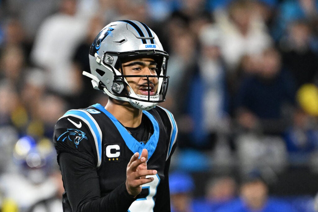 Jan 10, 2026; Charlotte, NC, USA; Carolina Panthers quarterback Bryce Young (9) reacts in the fourth quarter in an NFC Wild Card Round game at Bank of America Stadium.