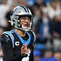 Jan 10, 2026; Charlotte, NC, USA; Carolina Panthers quarterback Bryce Young (9) reacts in the fourth quarter in an NFC Wild Card Round game at Bank of America Stadium.