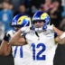 Jan 10, 2026; Charlotte, NC, USA; Los Angeles Rams wide receiver Puka Nacua (12) react in the fourth quarter in an NFC Wild Card Round game at Bank of America Stadium.