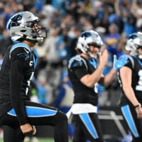 Jan 10, 2026; Charlotte, NC, USA; Carolina Panthers quarterback Bryce Young (9) reacts in the fourth quarter in an NFC Wild Card Round game at Bank of America Stadium.