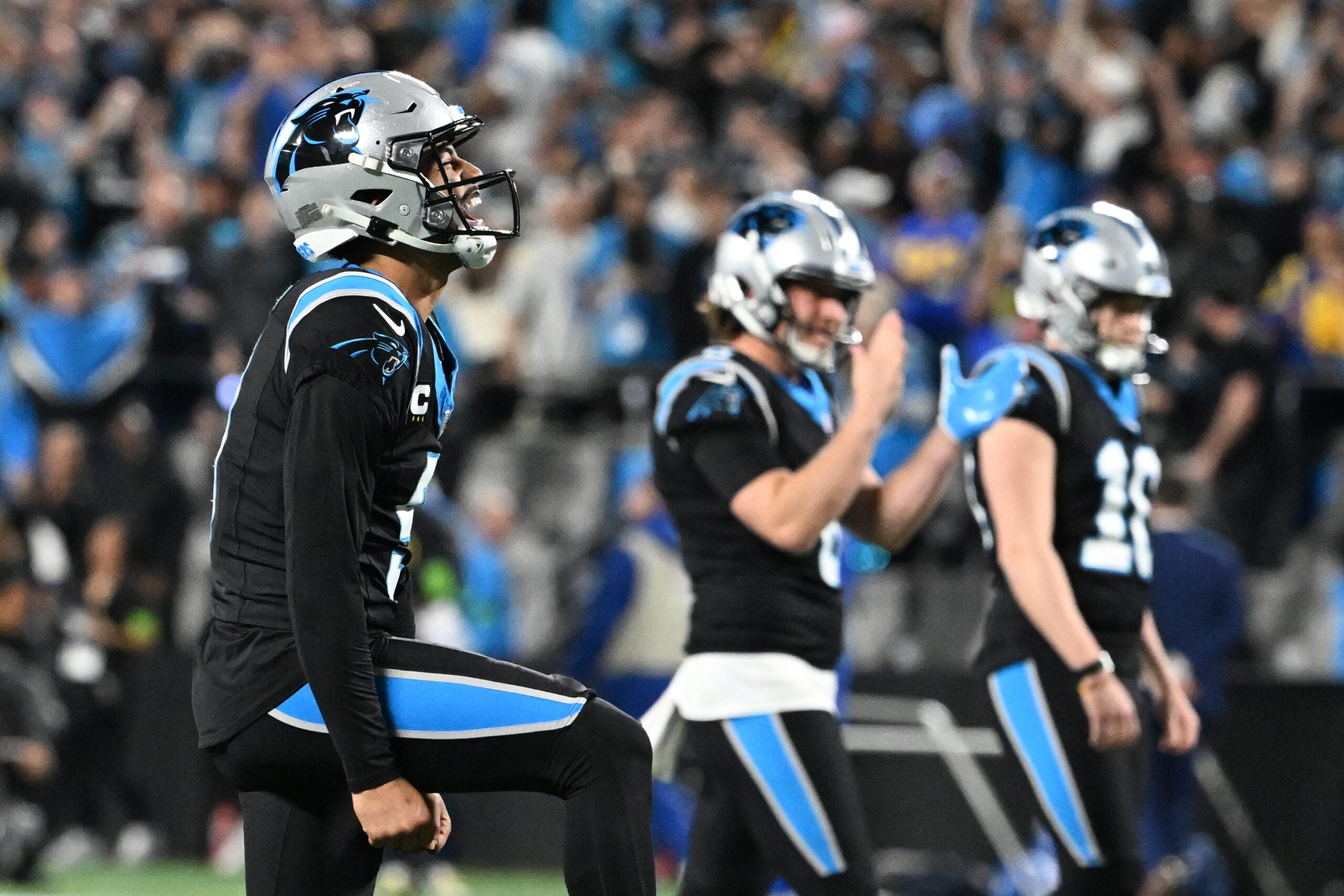 Jan 10, 2026; Charlotte, NC, USA; Carolina Panthers quarterback Bryce Young (9) reacts in the fourth quarter in an NFC Wild Card Round game at Bank of America Stadium.