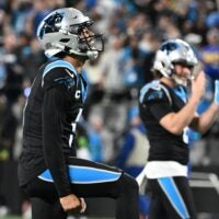 Jan 10, 2026; Charlotte, NC, USA; Carolina Panthers quarterback Bryce Young (9) reacts in the fourth quarter in an NFC Wild Card Round game at Bank of America Stadium.