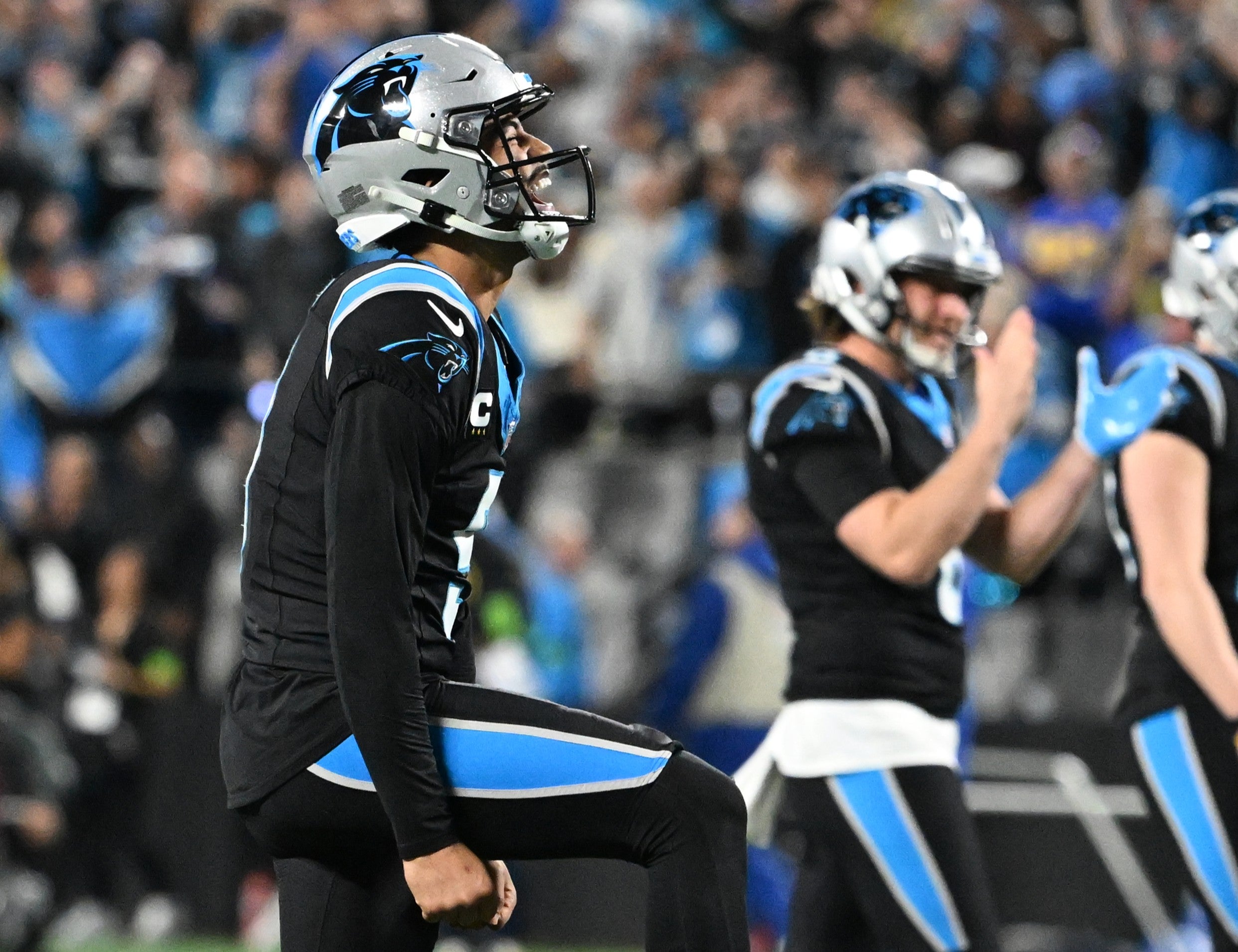 Jan 10, 2026; Charlotte, NC, USA; Carolina Panthers quarterback Bryce Young (9) reacts in the fourth quarter in an NFC Wild Card Round game at Bank of America Stadium.