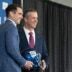 General Manager Joe Schoen and new Giants head coach John Harbaugh hold a NY Giants helmet during a press conference welcoming Harbaugh at the Quest Diagnostics Training Center in East Rutherford on Tuesday, Jan. 20, 2025.