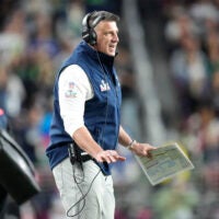 Feb 8, 2026; Santa Clara, CA, USA; New England Patriots head coach Mike Vrabel reacts during the third quarter against the Seattle Seahawks in Super Bowl LX at Levi's Stadium.