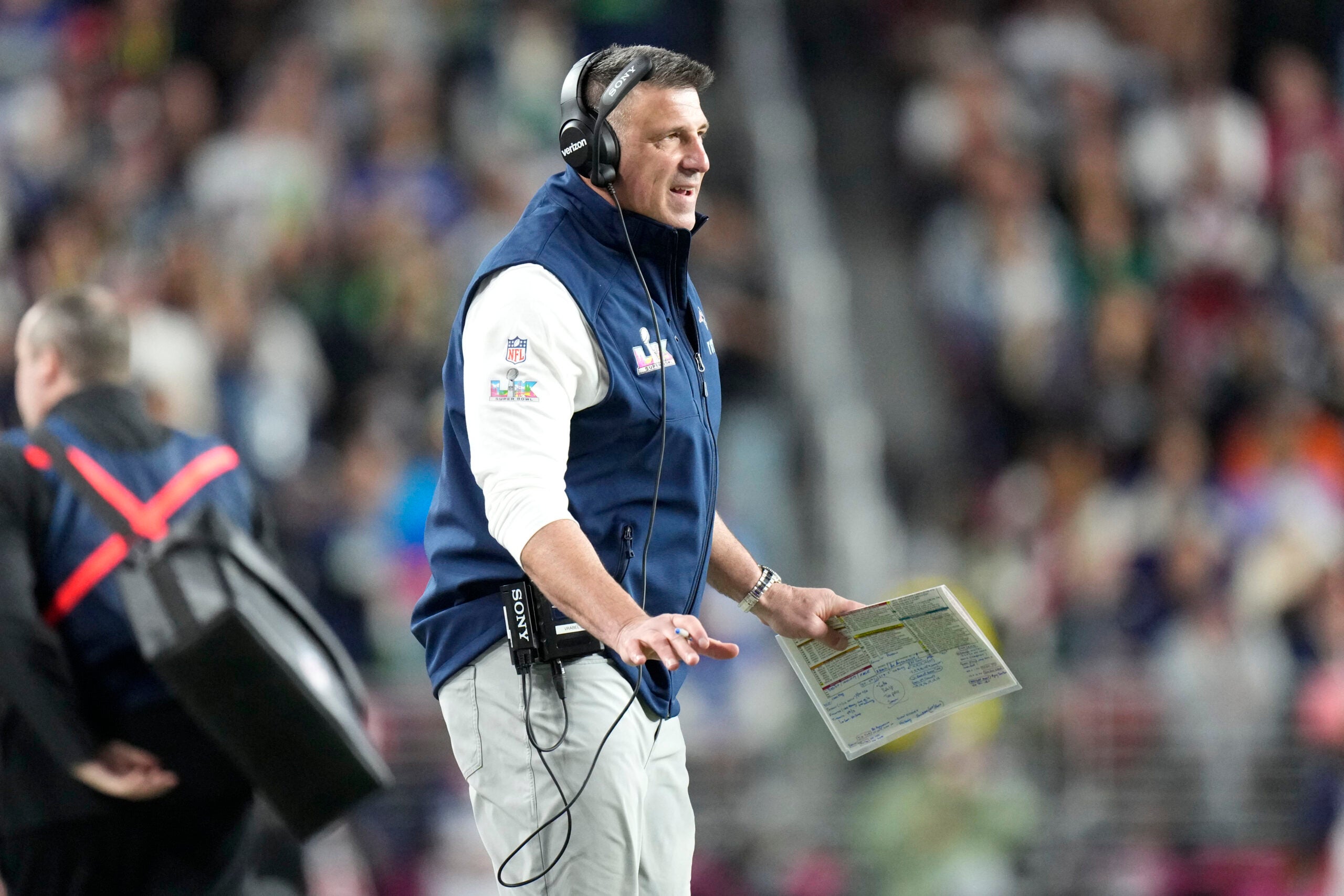 Feb 8, 2026; Santa Clara, CA, USA; New England Patriots head coach Mike Vrabel reacts during the third quarter against the Seattle Seahawks in Super Bowl LX at Levi's Stadium.