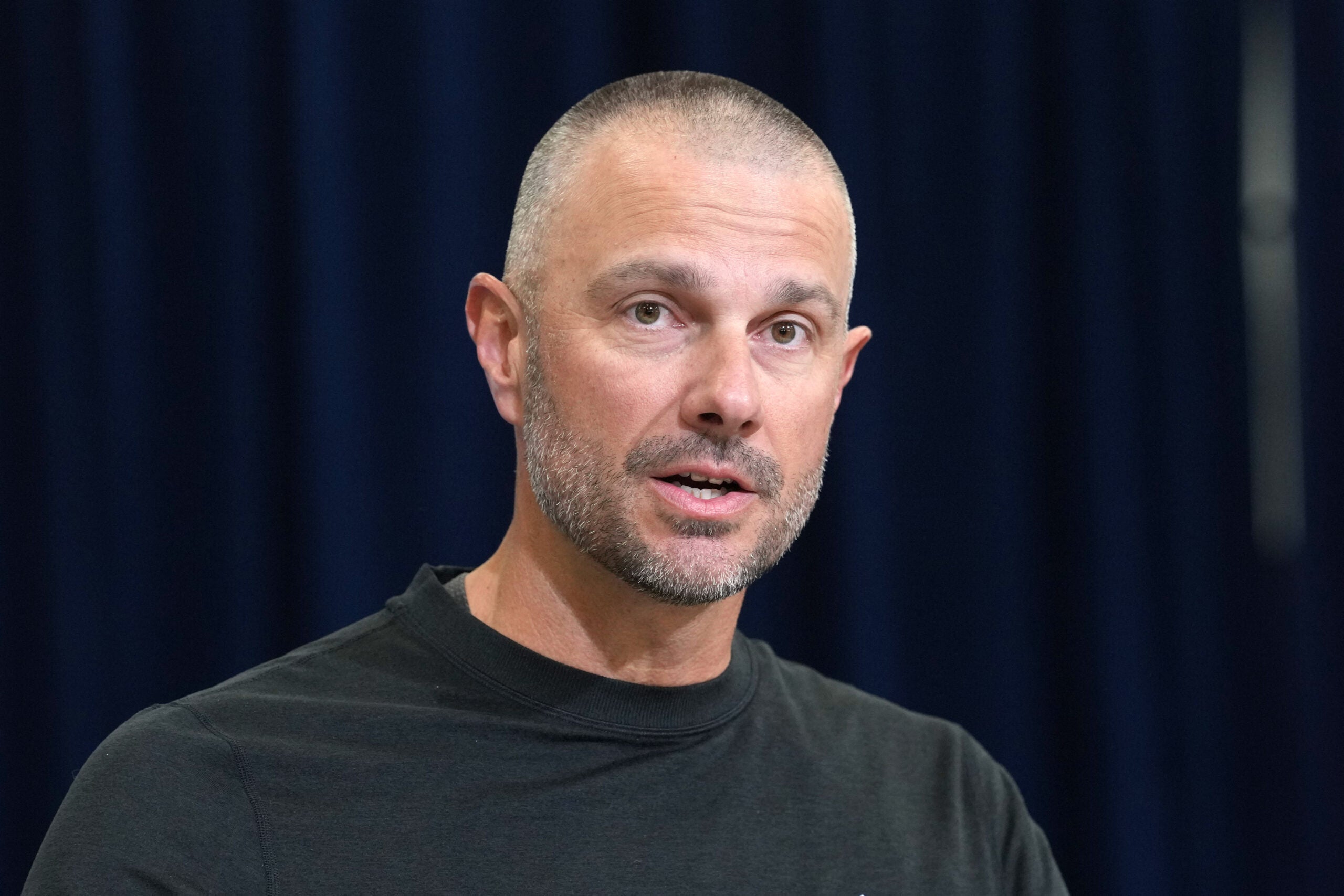 Feb 24, 2026; Indianapolis, IN, USA; Las Vegas Raiders general manager John Spytek speaks at the NFL Scouting Combine at the Indiana Convention Center.
