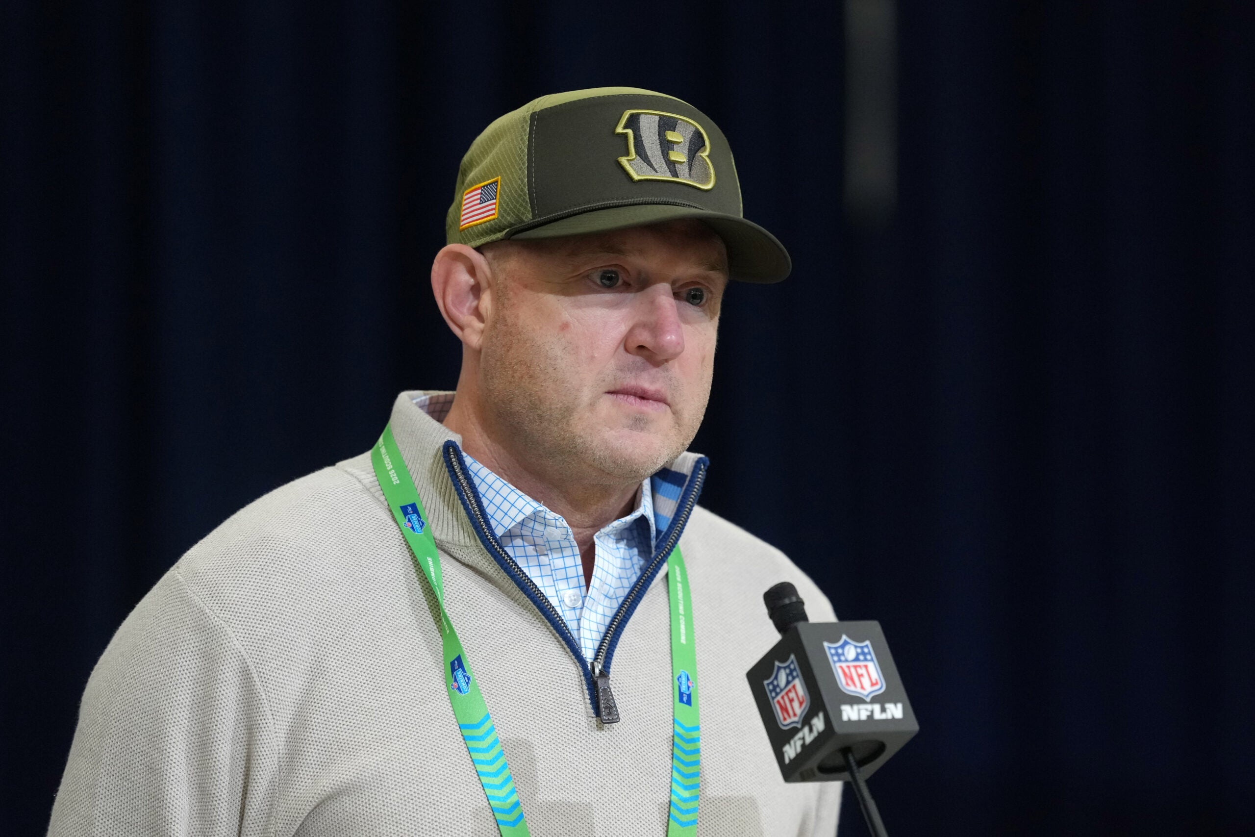 Feb 24, 2026; Indianapolis, IN, USA; Cincinnati Bengals general manager Duke Tobin speaks at the NFL Scouting Combine at the Indiana Convention Center.