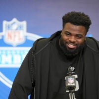 Feb 25, 2026; Indianapolis, IN, USA; Texas Tech defensive lineman Lee Hunter (DL15) speaks during the NFL Scouting Combine at the Indiana Convention Center.