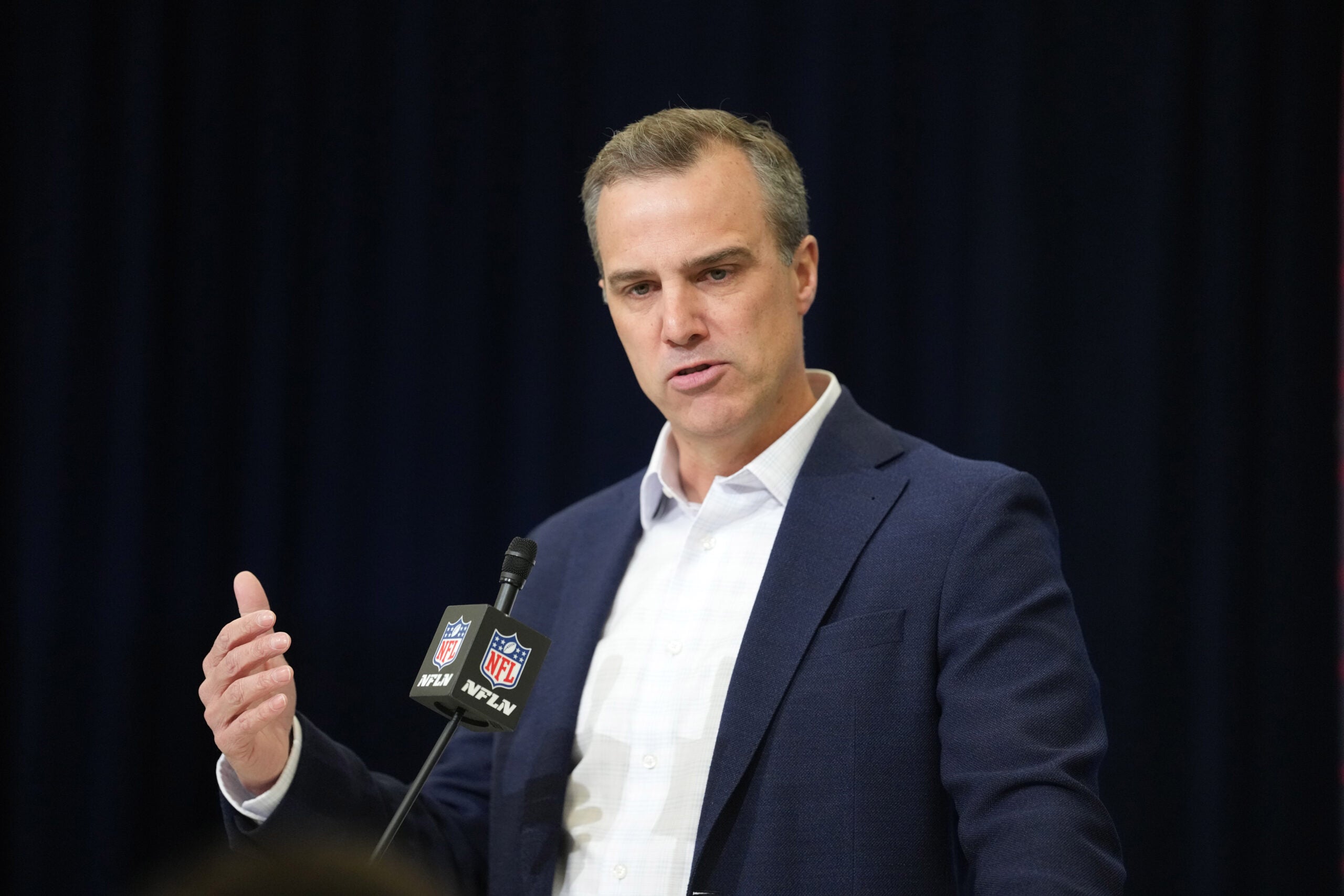 Feb 25, 2026; Indianapolis, IN, USA; NFL Network analyst Daniel Jeremiah speaks during the NFL Scouting Combine at the Indiana Convention Center.