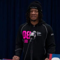 Feb 26, 2026; Indianapolis, IN, USA; North Carolina defensive back Thaddeus Dixon (DB08) speaks to members of the media during the NFL Combine at the Indiana Convention Center.