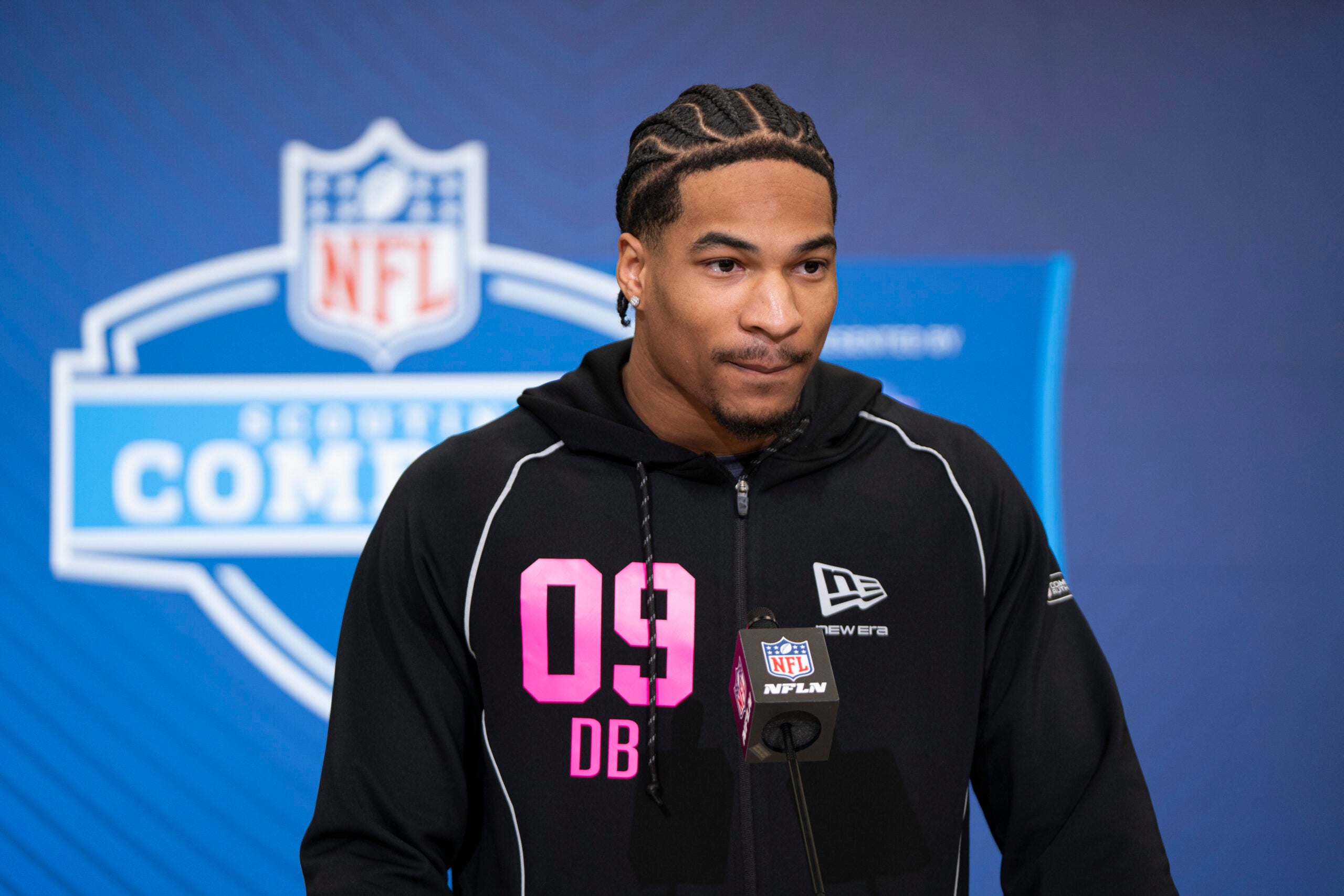 Feb 26, 2026; Indianapolis, IN, USA; Georgia defensive back Daylen Everette (DB09) speaks to members of the media during the NFL Combine at the Indiana Convention Center.