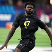 Feb 26, 2026; Indianapolis, IN, USA; UCF defensive lineman Nyjalik Kelly (DL47) during the NFL Scouting Combine at Lucas Oil Stadium.
