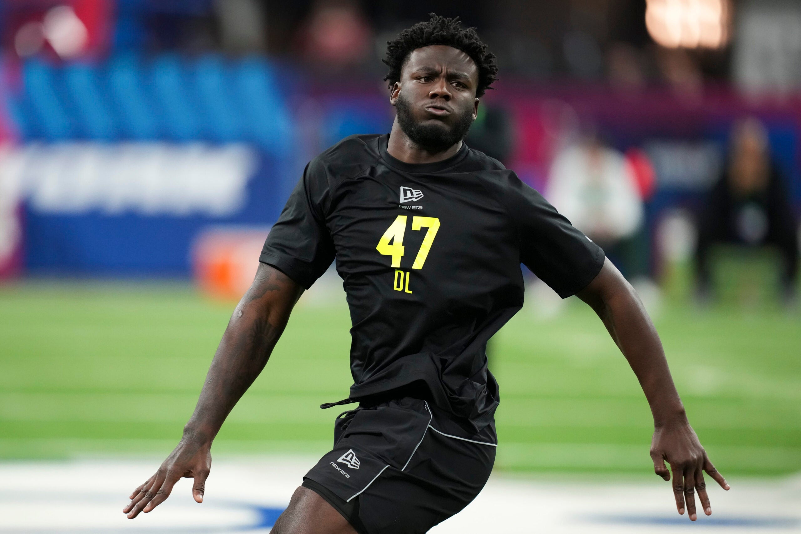 Feb 26, 2026; Indianapolis, IN, USA; UCF defensive lineman Nyjalik Kelly (DL47) during the NFL Scouting Combine at Lucas Oil Stadium.