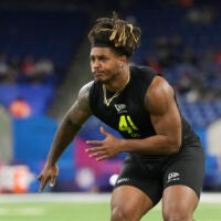 Feb 26, 2026; Indianapolis, IN, USA; Texas A&M defensive lineman Cashius Howell (DL41) during the NFL Scouting Combine at Lucas Oil Stadium.