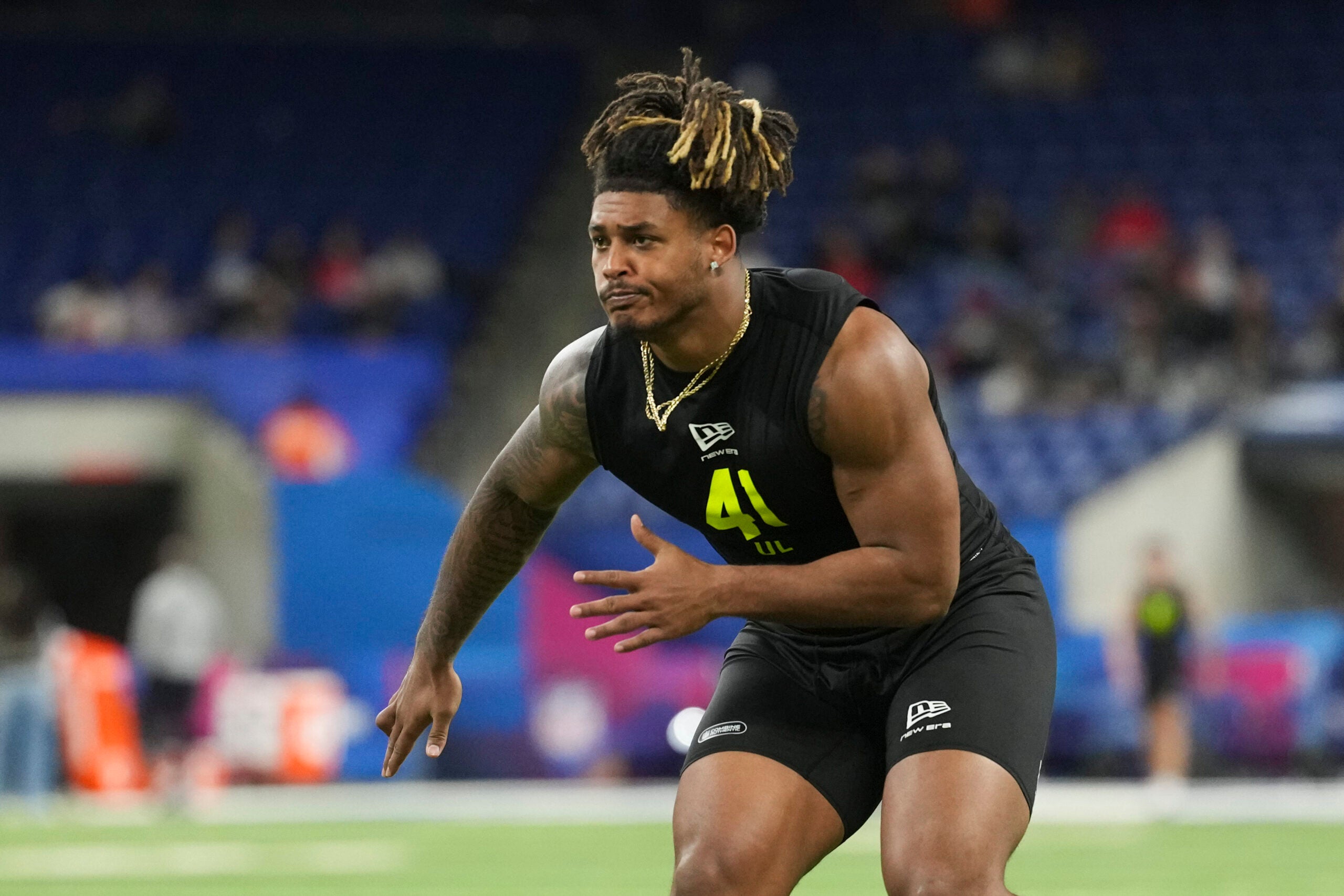 Feb 26, 2026; Indianapolis, IN, USA; Texas A&M defensive lineman Cashius Howell (DL41) during the NFL Scouting Combine at Lucas Oil Stadium.