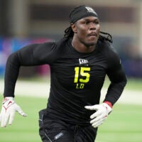 Feb 26, 2026; Indianapolis, IN, USA; Alabama linebacker Deontae Lawson (LB15) during the NFL Scouting Combine at Lucas Oil Stadium.