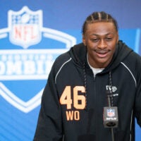 Feb 27, 2026; Indianapolis, IN, USA; Georgia wideout Colbie Young (WO46) speaks to members of the media during the NFL Combine at the Indiana Convention Center.