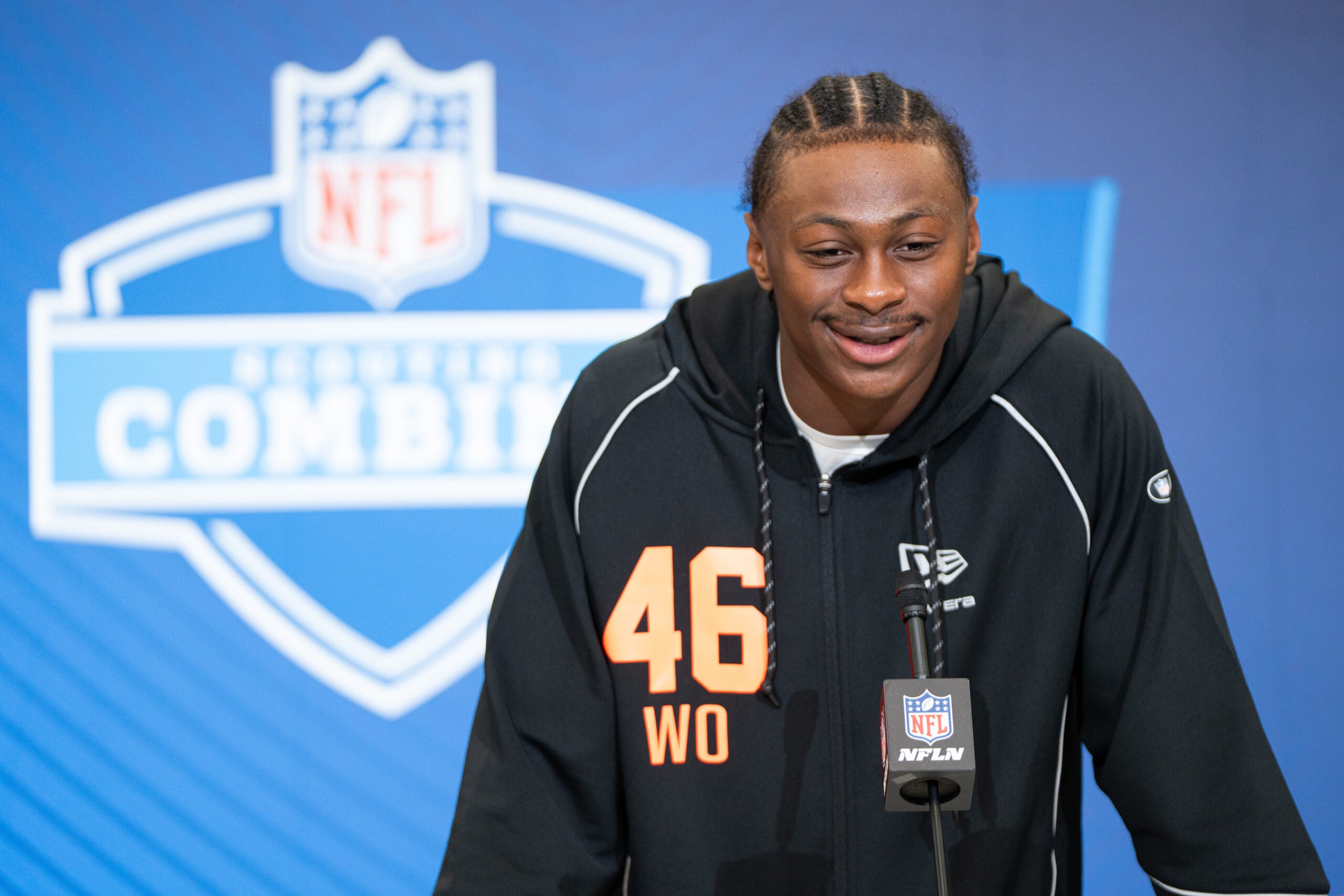 Feb 27, 2026; Indianapolis, IN, USA; Georgia wideout Colbie Young (WO46) speaks to members of the media during the NFL Combine at the Indiana Convention Center.