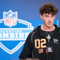 Feb 27, 2026; Indianapolis, IN, USA; Penn State quarterback Drew Allar (QB02) speaks to members of the media during the NFL Combine at the Indiana Convention Center.