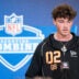 Feb 27, 2026; Indianapolis, IN, USA; Penn State quarterback Drew Allar (QB02) speaks to members of the media during the NFL Combine at the Indiana Convention Center.