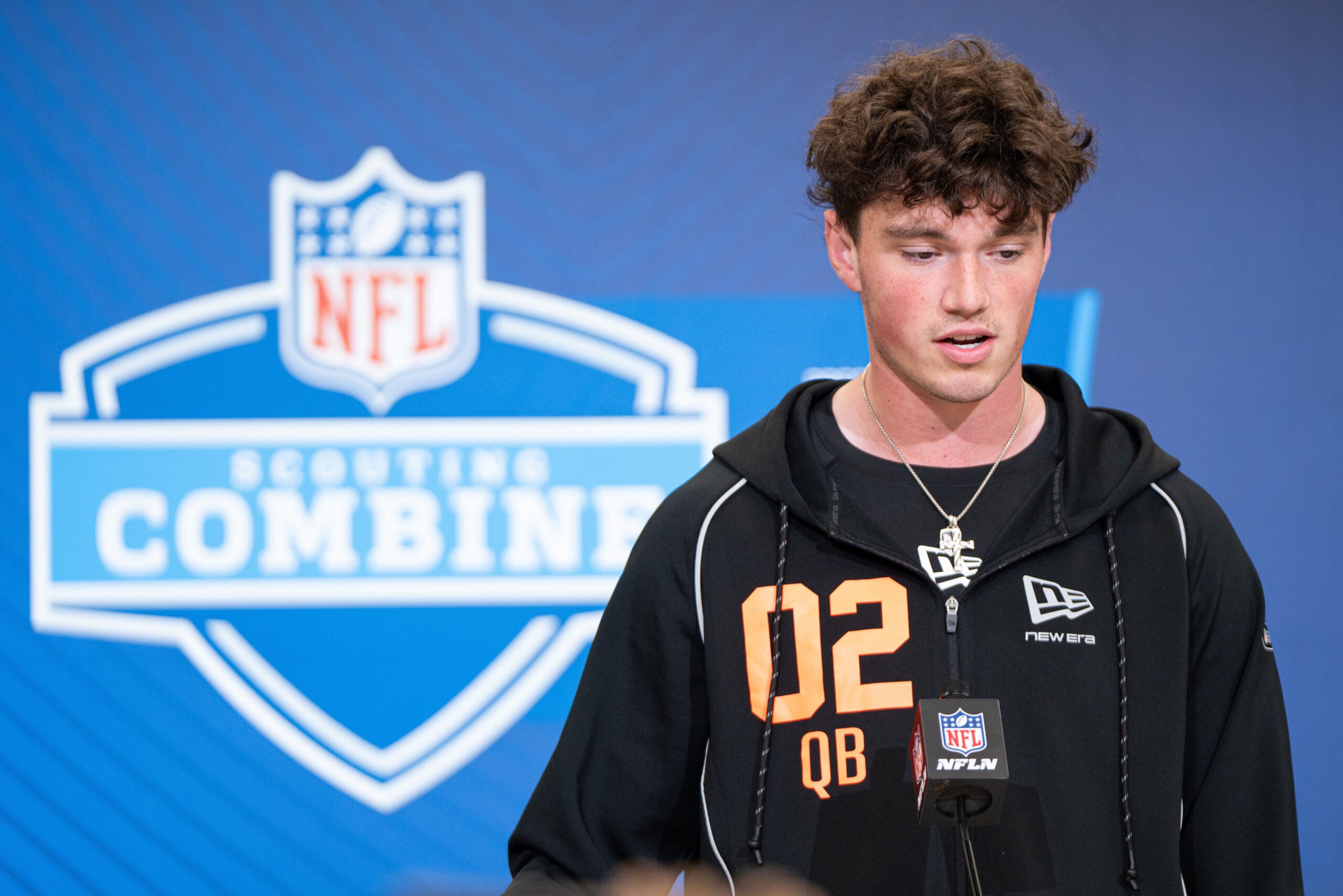 Feb 27, 2026; Indianapolis, IN, USA; Penn State quarterback Drew Allar (QB02) speaks to members of the media during the NFL Combine at the Indiana Convention Center.
