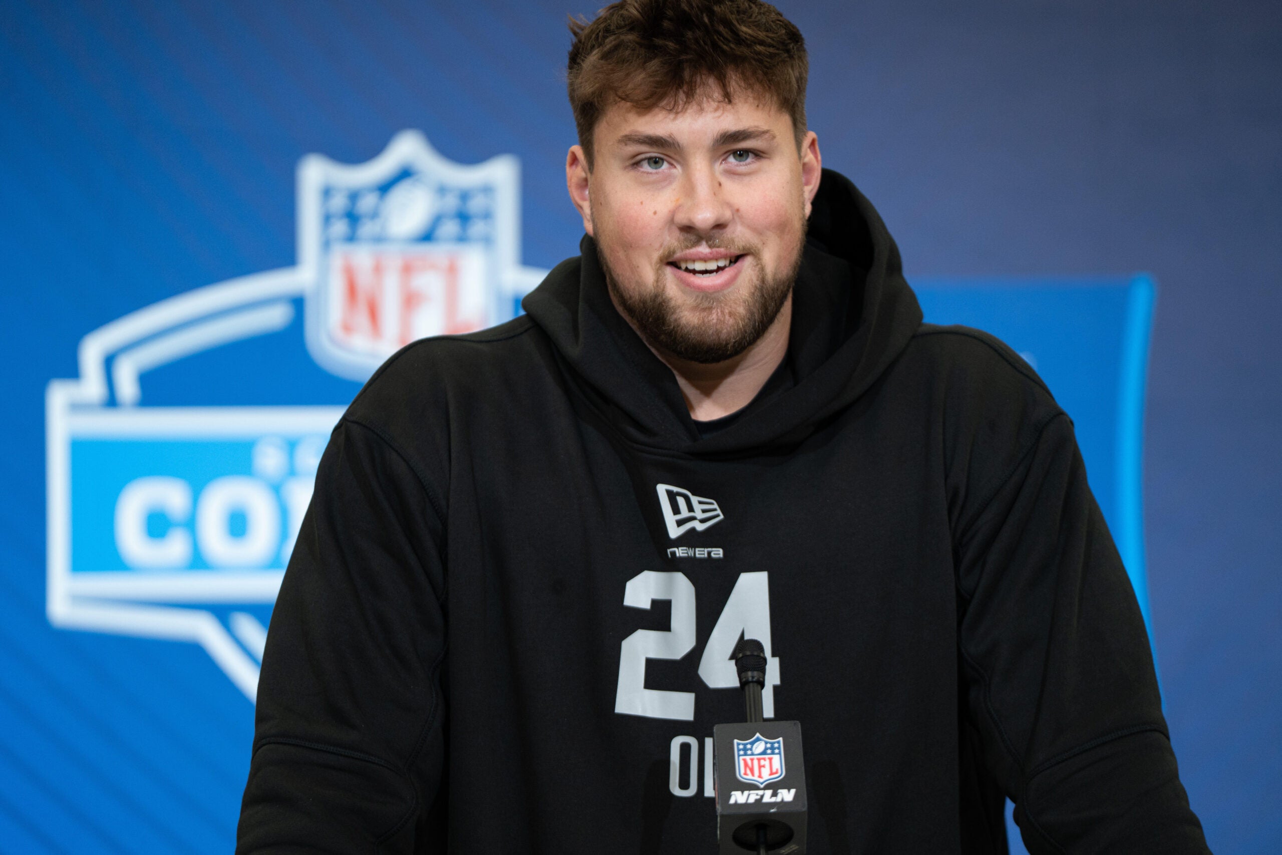 Feb 28, 2026; Indianapolis, IN, USA; Georgia offensive lineman Monroe Freeling (OL24) speaks to members of the media during the NFL Combine at the Indiana Convention Center.