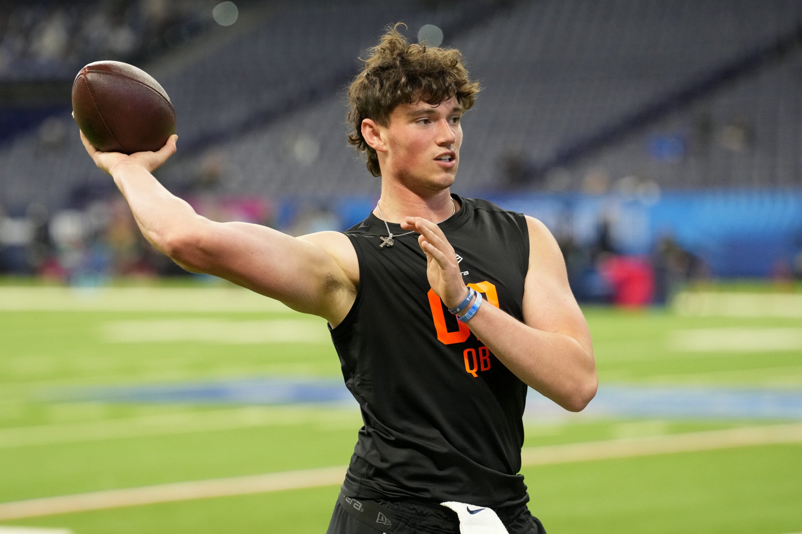 Feb 28, 2026; Indianapolis, IN, USA; Penn State quarterback Drew Allar (QB02) during the NFL Scouting Combine at Lucas Oil Stadium.