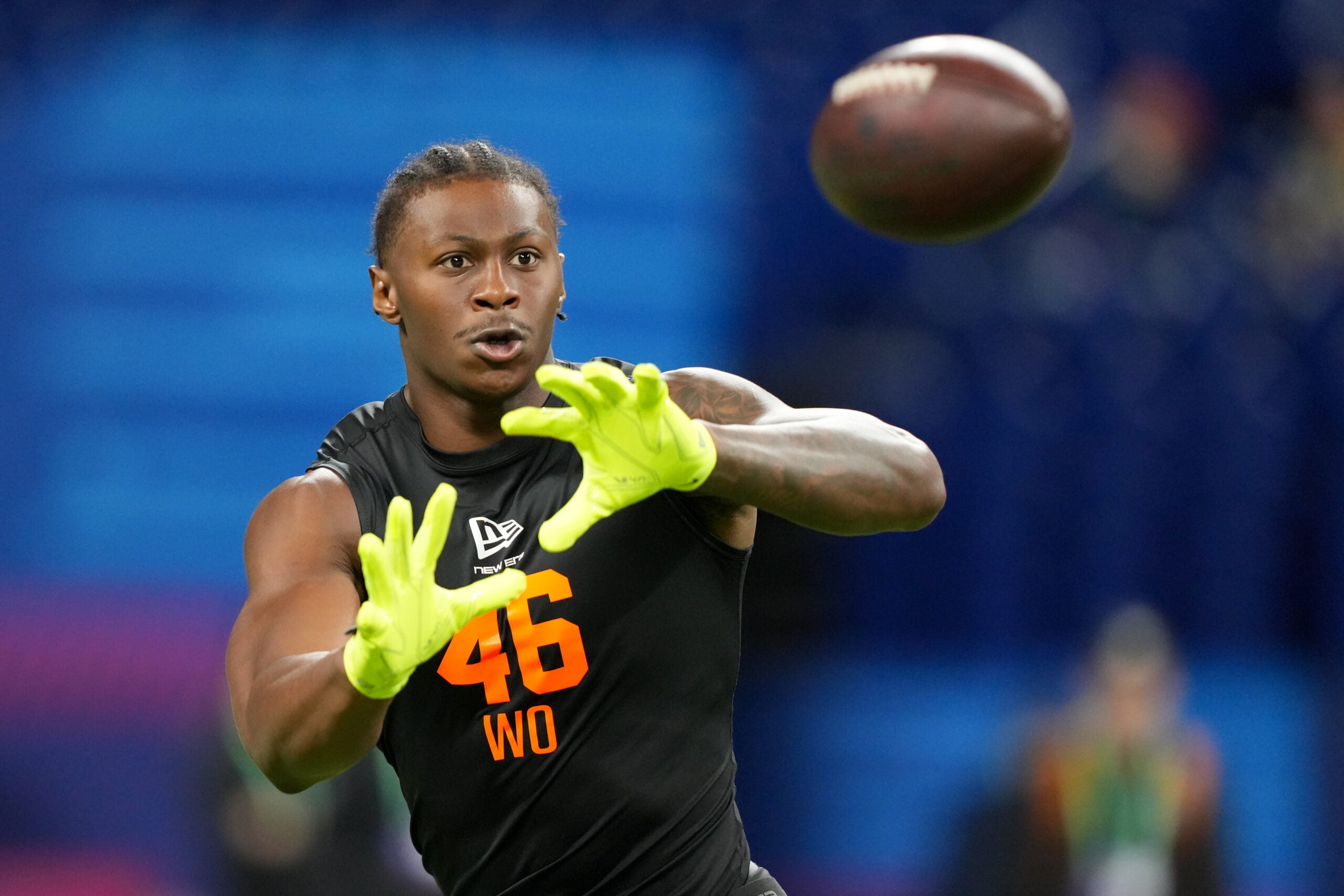 Feb 28, 2026; Indianapolis, IN, USA; Georgia wideout Colbie Young (WO46) during the NFL Scouting Combine at Lucas Oil Stadium.