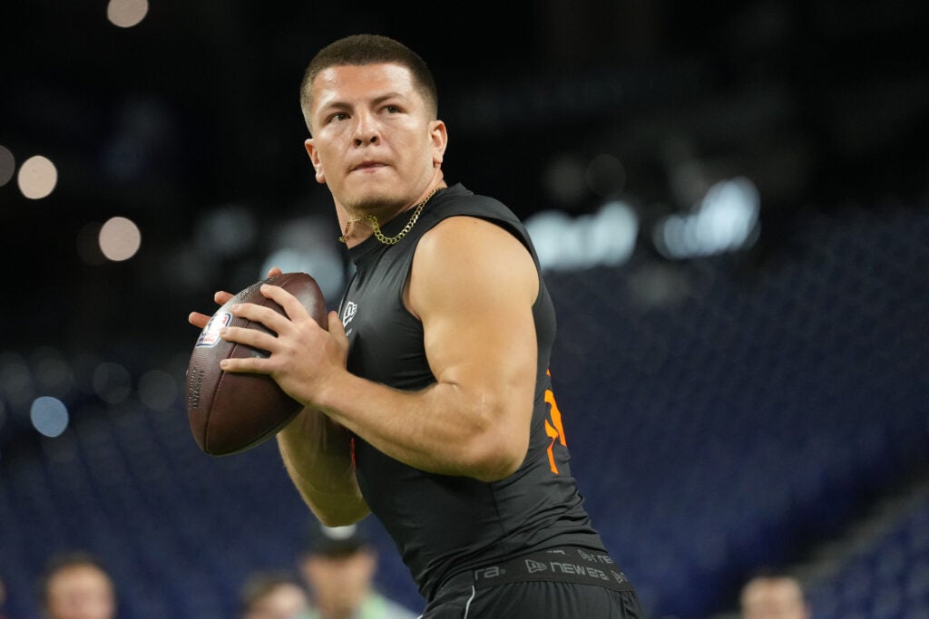 eb 28, 2026; Indianapolis, IN, USA; Vanderbilt quarterback Diego Pavia (QB14) during the NFL Scouting Combine at Lucas Oil Stadium.