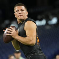 eb 28, 2026; Indianapolis, IN, USA; Vanderbilt quarterback Diego Pavia (QB14) during the NFL Scouting Combine at Lucas Oil Stadium.