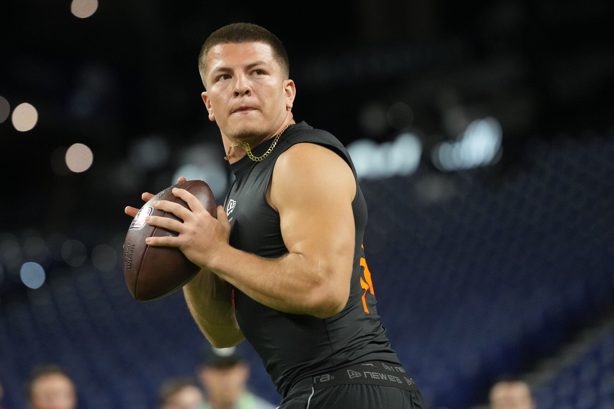 eb 28, 2026; Indianapolis, IN, USA; Vanderbilt quarterback Diego Pavia (QB14) during the NFL Scouting Combine at Lucas Oil Stadium.