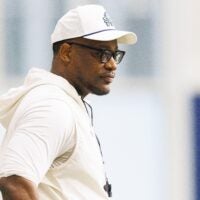 Defensive backs coach Aaron Henry during a Notre Dame football practice at Irish Athletic Center on Friday, March 20, 2026, in South Bend.
