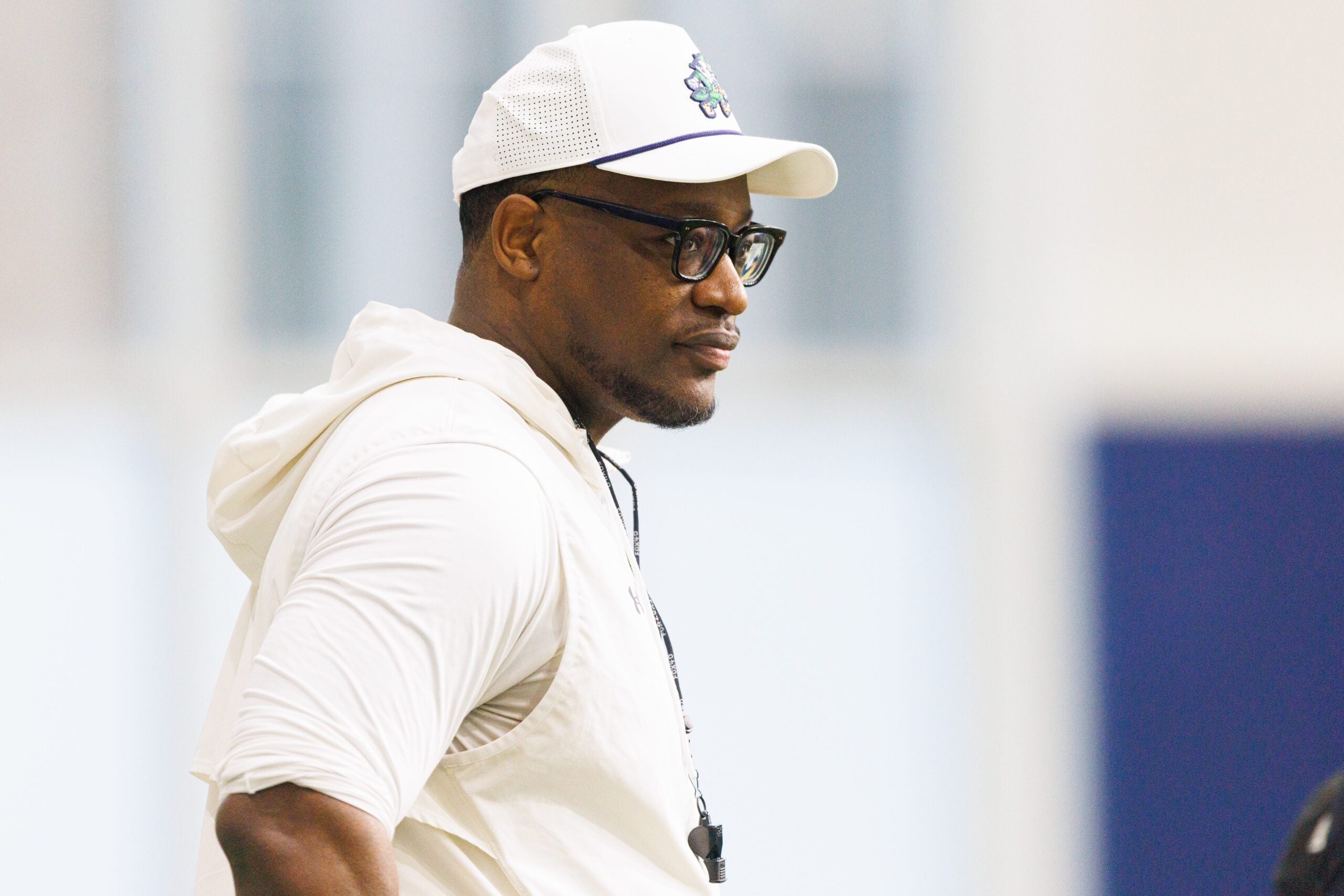 Defensive backs coach Aaron Henry during a Notre Dame football practice at Irish Athletic Center on Friday, March 20, 2026, in South Bend.