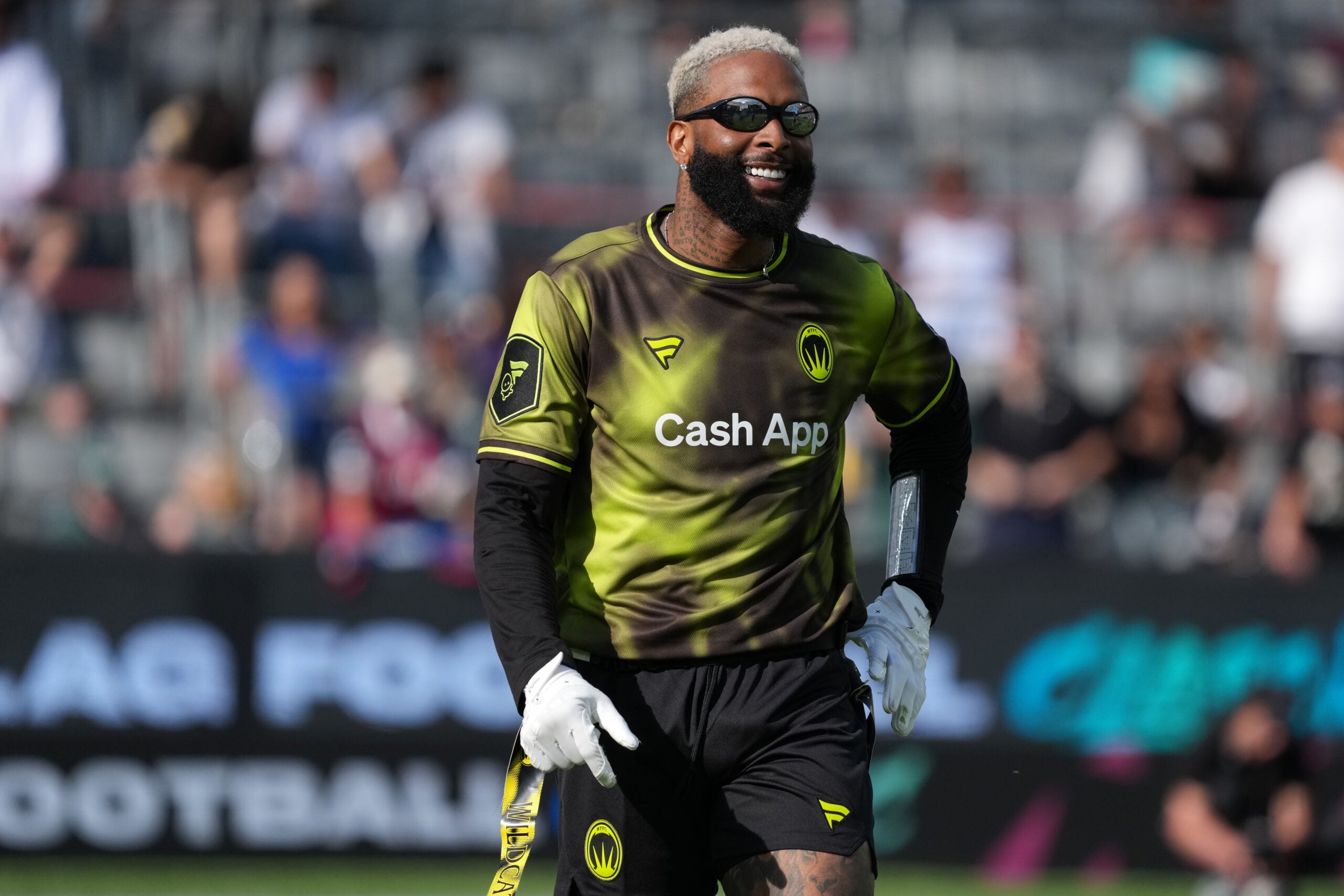 Mar 21, 2026; Los Angeles, CA, USA; Wildcats FFC receiver Odell Beckham Jr. during the Fanatics Flag Football Classic at BMO stadium. Mandatory Credit: Kirby Lee-Imagn Images