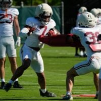 April 7, 2026; Tuscaloosa, AL, USA; Linebacker Caleb Woodson runs a drill during Spring Practice at the University of Alabama.