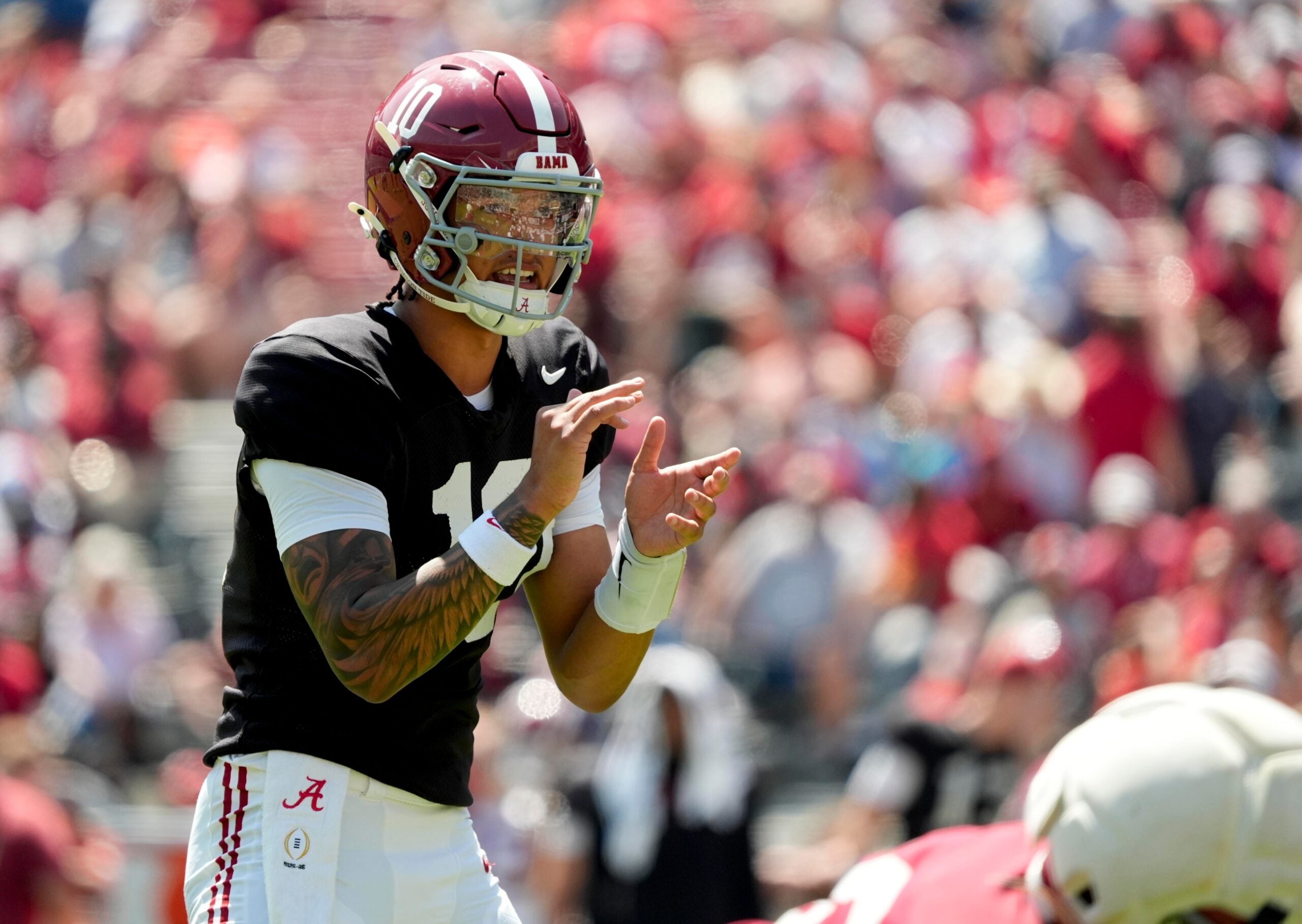 April 11, 2026; Tuscaloosa, AL, USA; Alabama quarterback Austin Mack prepares to take a snap at Bryant-Denny Stadium during the Alabama A Day scrimmage.
