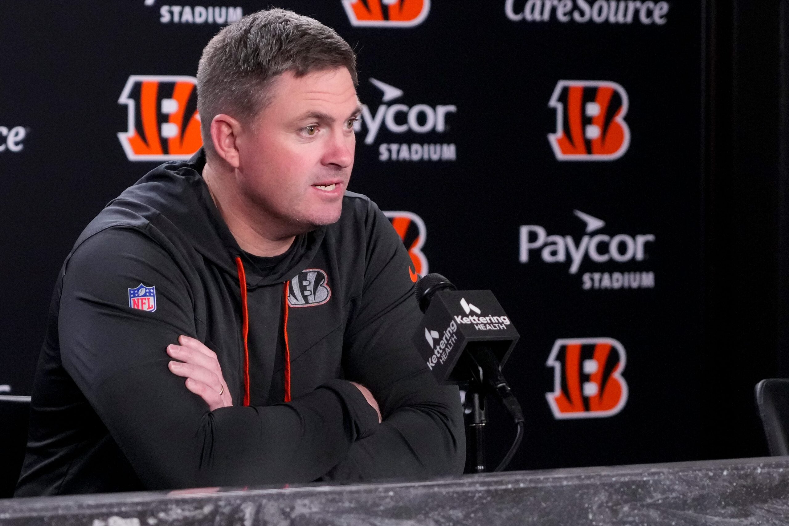 Cincinnati Bengals head coach Zac Taylor talks to local media members in a press conference at Paycor Stadium in Cincinnati on Monday, April 20, 2026.