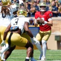 Notre Dame quarterback CJ Carr, right, looks for a teammate to pass to during the Blue-Gold spring game at Notre Dame Stadium on Saturday, April 25, 2026, in South Bend.