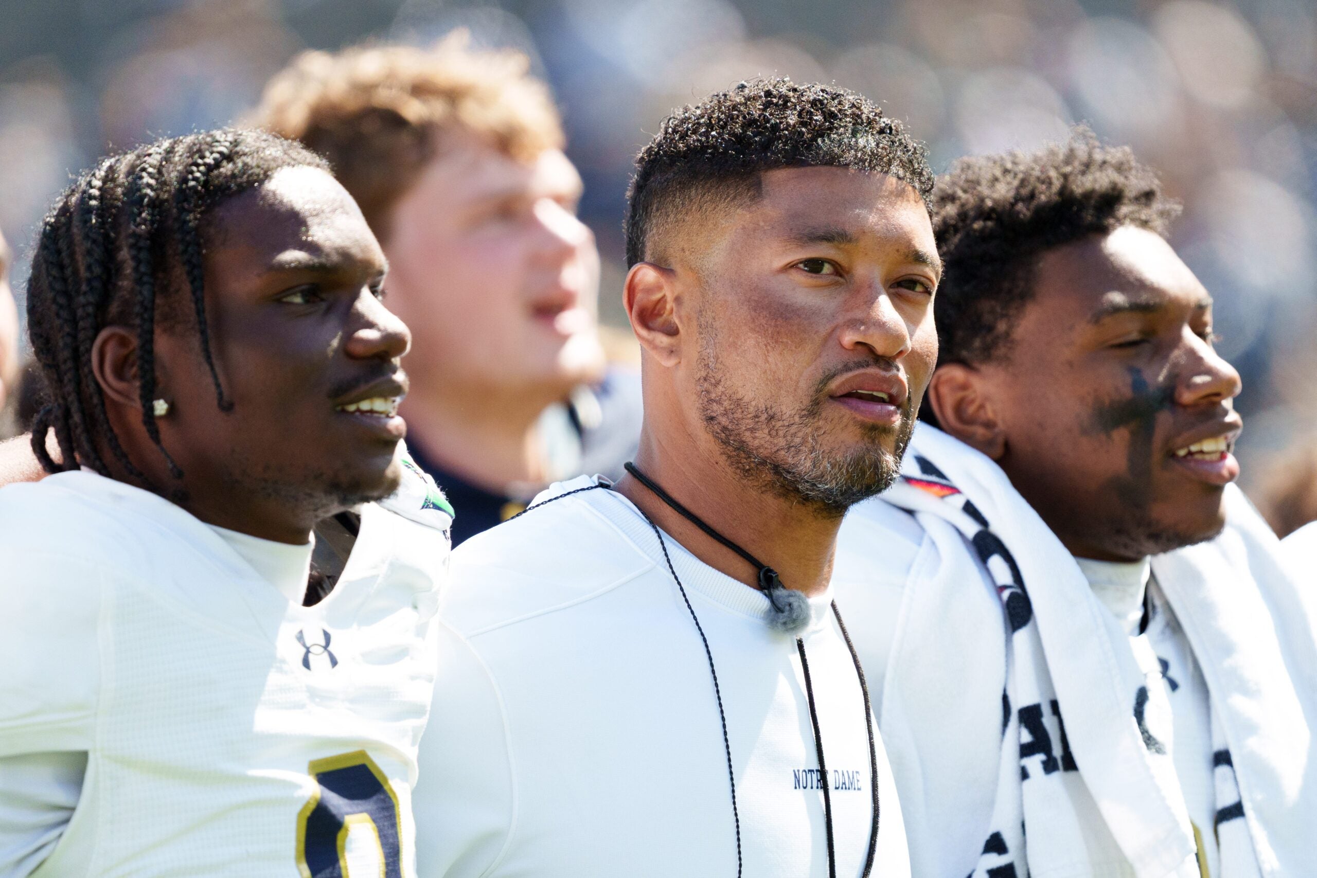 Notre Dame head coach Marcus Freeman, center, after the Blue-Gold spring game at Notre Dame Stadium on Saturday, April 25, 2026, in South Bend.