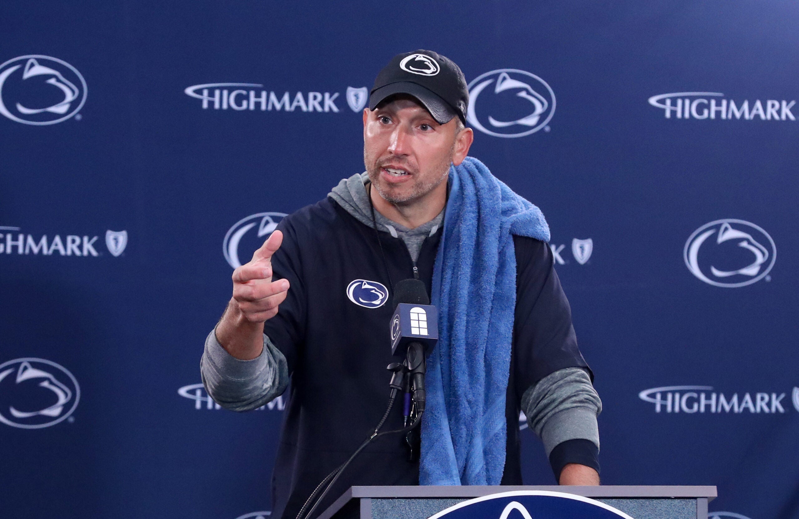Apr 25, 2026; University Park, PA, USA; Penn State Nittany Lions head coach Matt Campbell answers questions from the media following the Penn State Blue-White Spring game at Beaver Stadium.