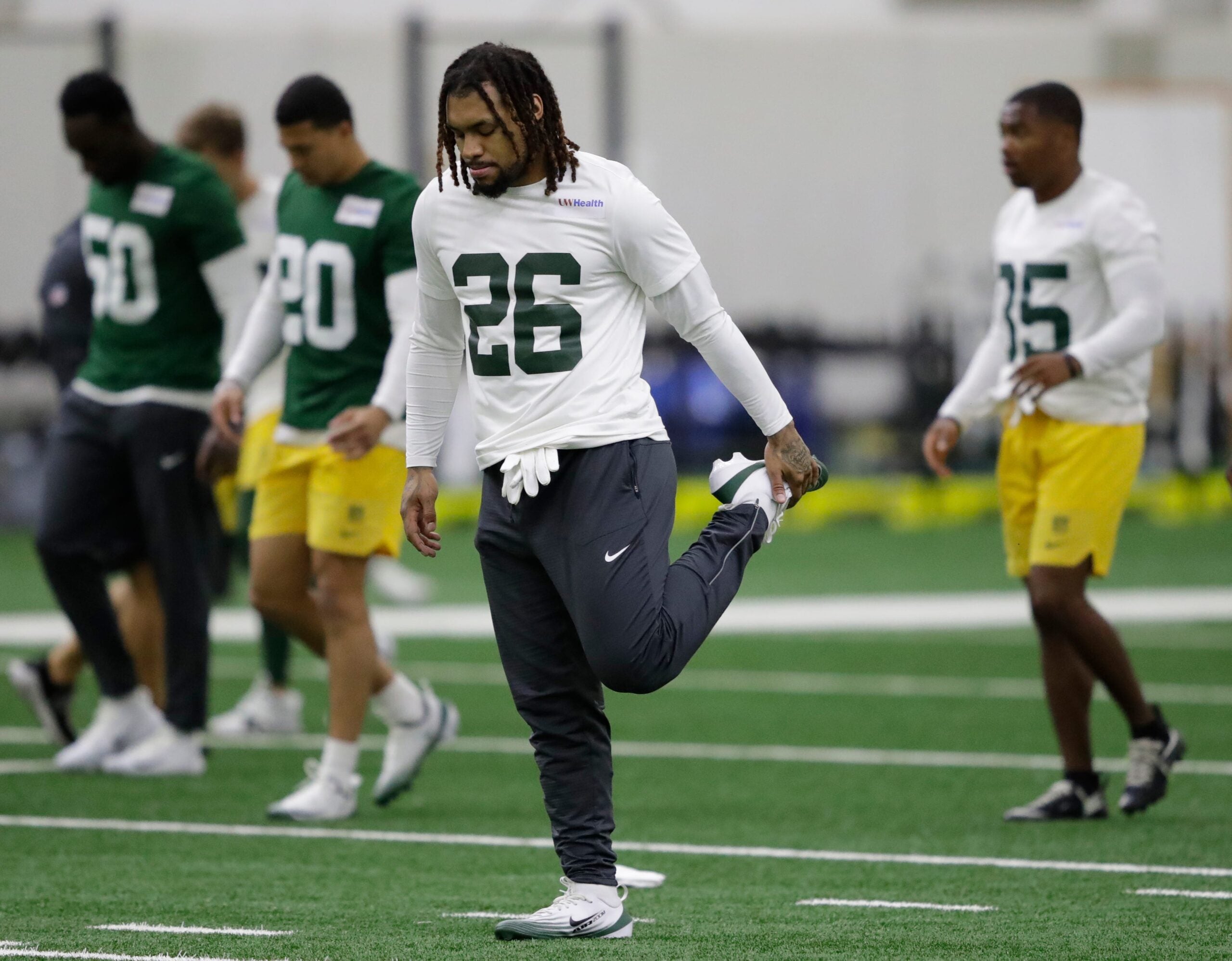 Green Bay Packers Damien Martinez (26) stretches during rookie minicamp Friday, May 1 2026, at the Don Hutson Center in Green Bay, Wisconsin.