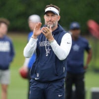 May 1, 2026; Frisco, TX, USA; Dallas Cowboys head coach Brian Schottenheimer on the field during practice at the Ford Center at the Star Training Facility in Frisco, Texas.