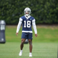May 1, 2026; Frisco, TX, USA; Dallas Cowboys cornerback Caleb Downs (18) on the field during practice at the Ford Center at the Star Training Facility in Frisco, Texas.